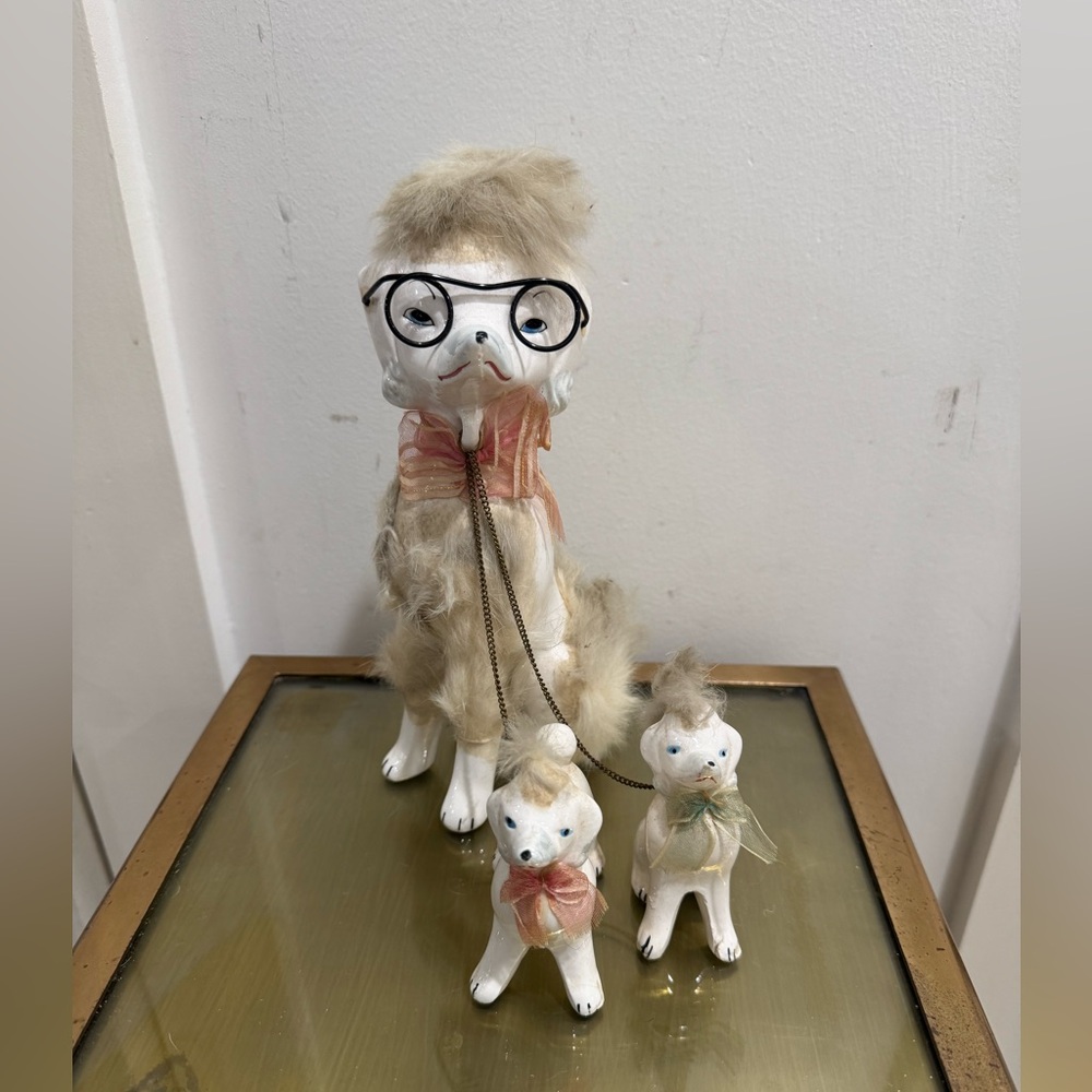 Vintage Ceramic Poodle w/ 2 Baby Poodles on a Chain Made in Japan